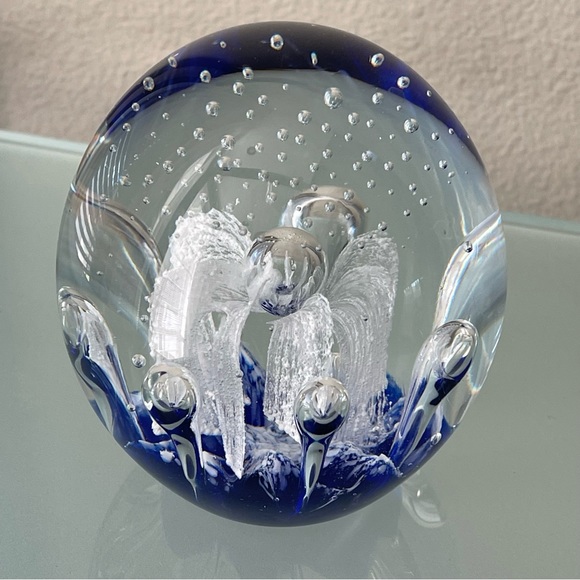 Vintage Murano Paperweight Italian Art Glass Fountain White Flower/ Cobalt Blue - Picture 2 of 8